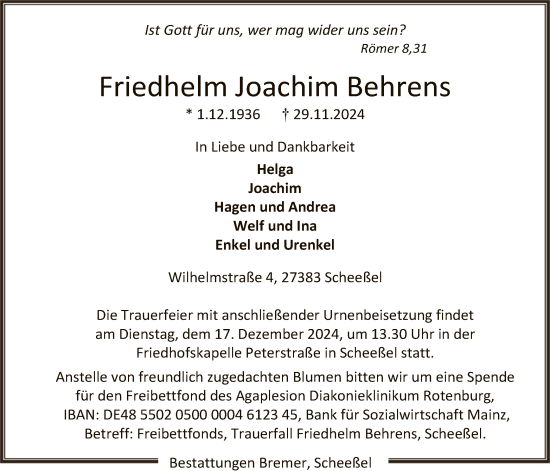 Traueranzeige von Friedhelm Joachim Behrens von SYK