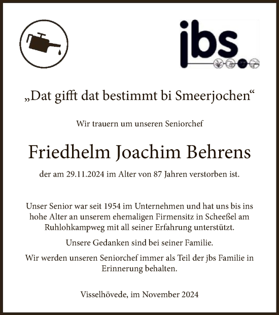 Traueranzeige von Friedhelm Joachim Behrens von SYK