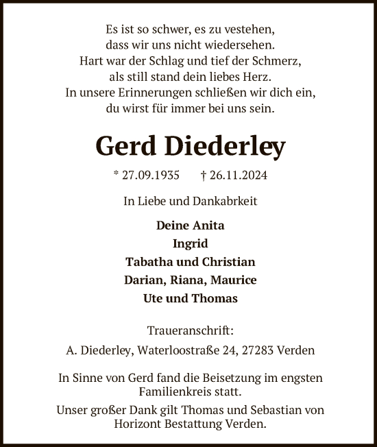 Traueranzeige von Gerd Diederley von SYK