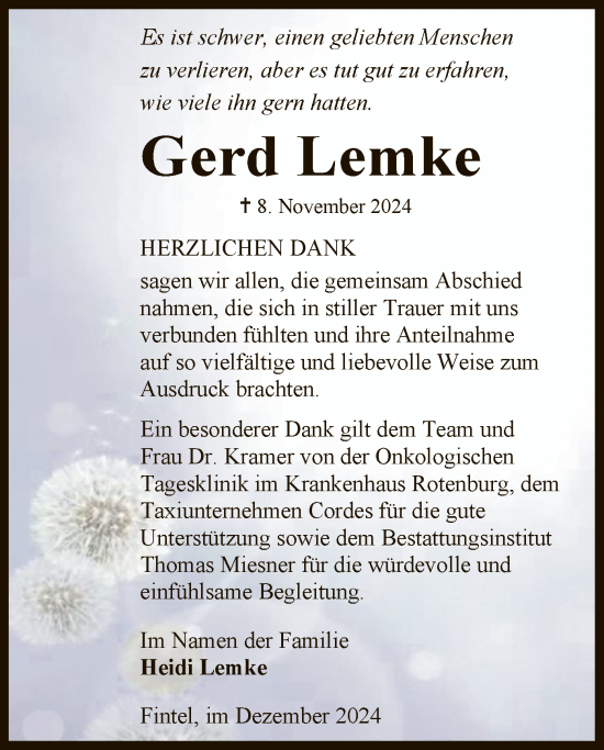 Traueranzeige von Gerd Lemke von SYK