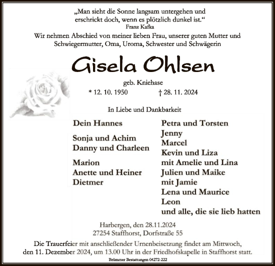 Traueranzeige von Gisela Ohlsen von SYK