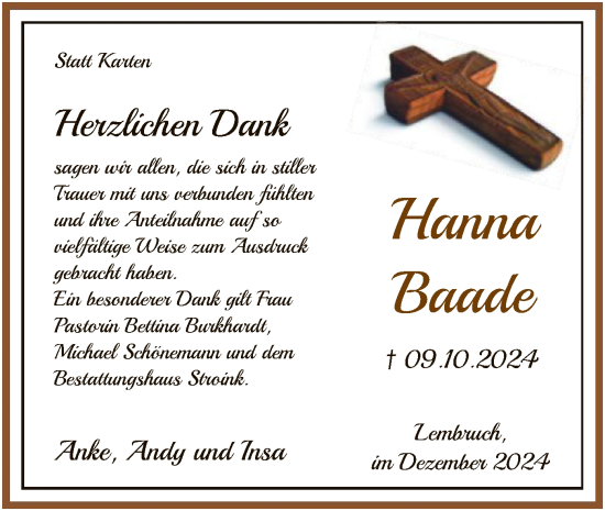 Traueranzeige von Hanna Baade von SYK