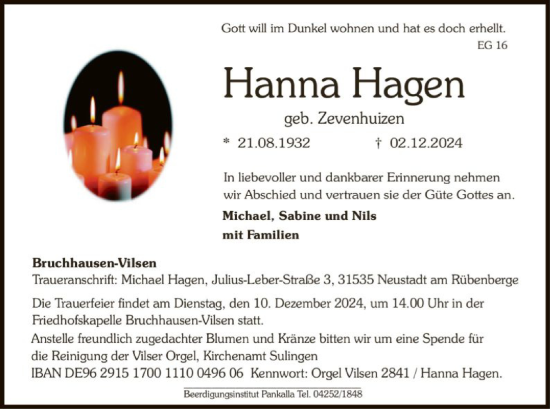 Traueranzeige von Hanna Hagen von SYK