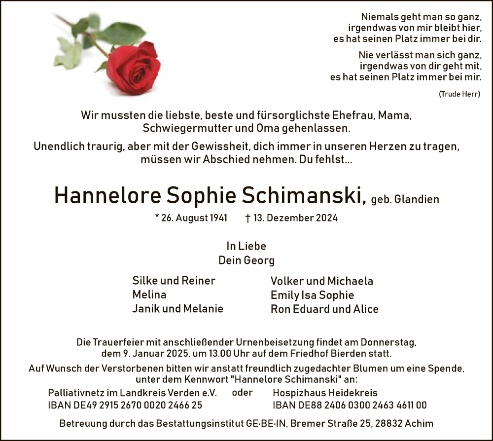  Traueranzeige für Hannelore Sophie Schimanski vom 28.12.2024 aus SYK