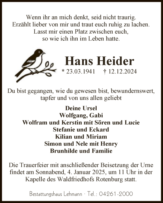 Traueranzeige von Hans Heider von SYK