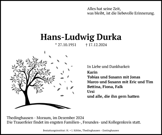 Traueranzeige von Hans-Ludwig Durka von SYKSYK