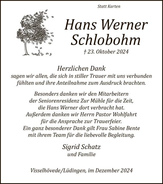 Traueranzeige von Hans Werner Schlobohm von SYK