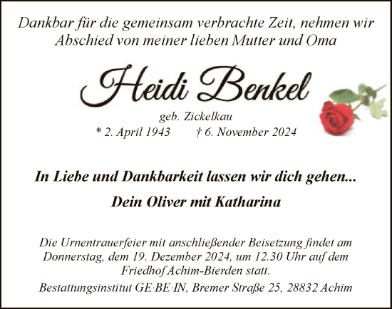 Traueranzeige von Heidi Benkel von SYK