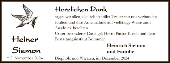 Traueranzeige von Heiner Siemon von SYK