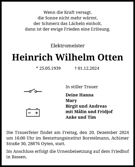 Traueranzeige von Heinrich Wilhelm Otten von SYK