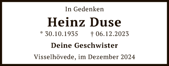 Traueranzeige von Heinz Duse von SYK