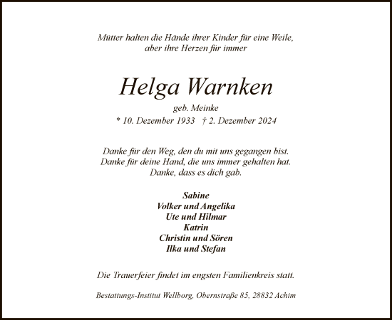 Traueranzeige von Helga Warnken von SYK