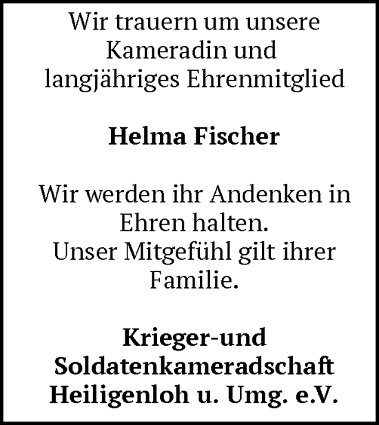 Traueranzeige von Helma Fischer von SYK