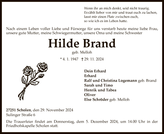 Traueranzeige von Hilde Brand von SYKSYK