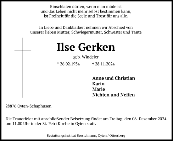 Traueranzeige von Ilse Gerken von SYK