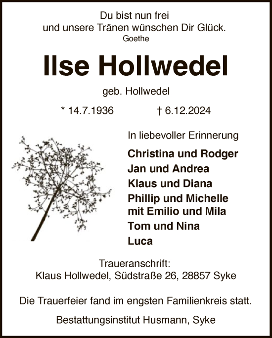 Traueranzeige von Ilse Hollwedel von SYK