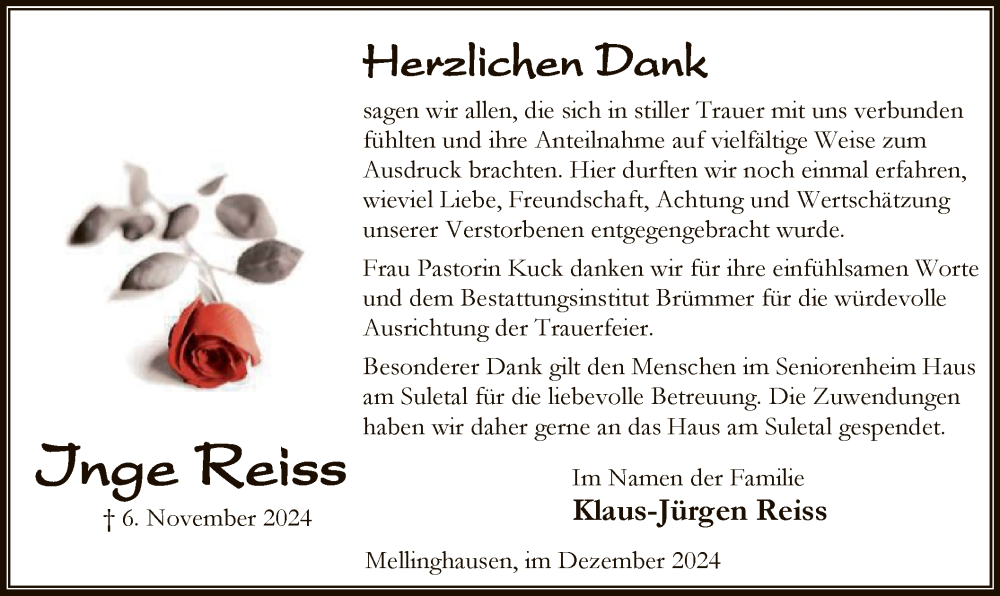  Traueranzeige für Inge Reiss vom 21.12.2024 aus SYK