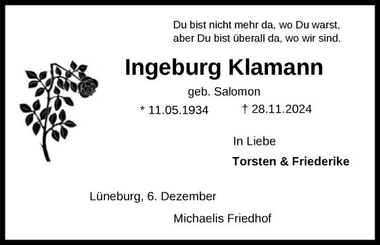 Traueranzeige von Ingeburg Klamann von SYK