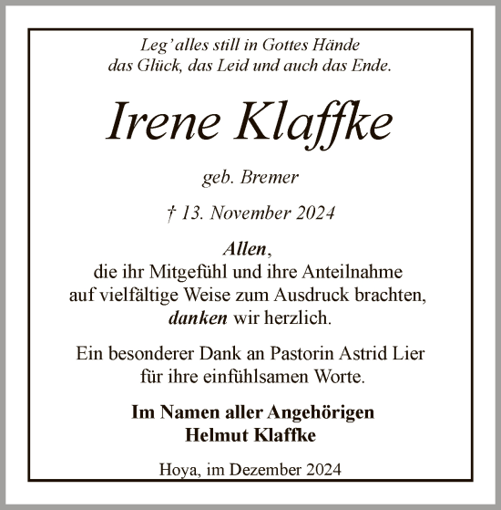 Traueranzeige von Irene Klaffke von SYK