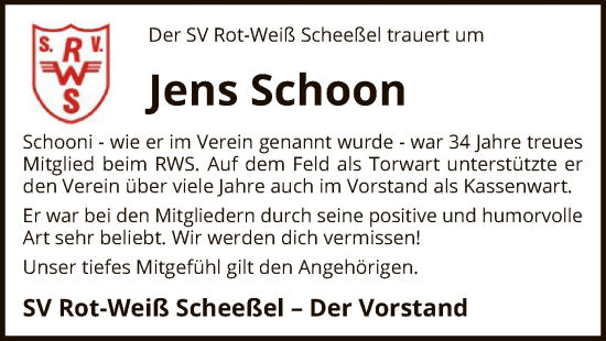 Traueranzeige von Jens Schoon von SYK