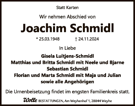 Traueranzeige von Joachim Schmidl von SYK