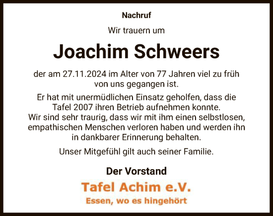 Traueranzeige von Joachim Schweers von SYK