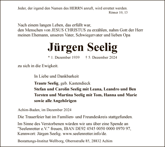 Traueranzeige von Jürgen Seelig von SYK