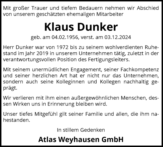 Traueranzeige von Klaus Dunker von SYK