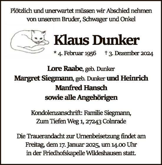 Traueranzeige von Klaus Dunker von SYK