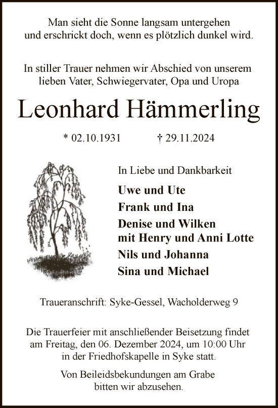 Traueranzeige von Leonhard Hämmerling von SYK