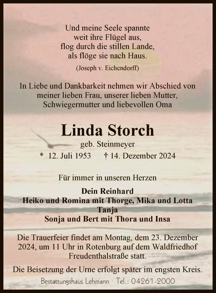  Traueranzeige für Linda Storch vom 18.12.2024 aus SYK
