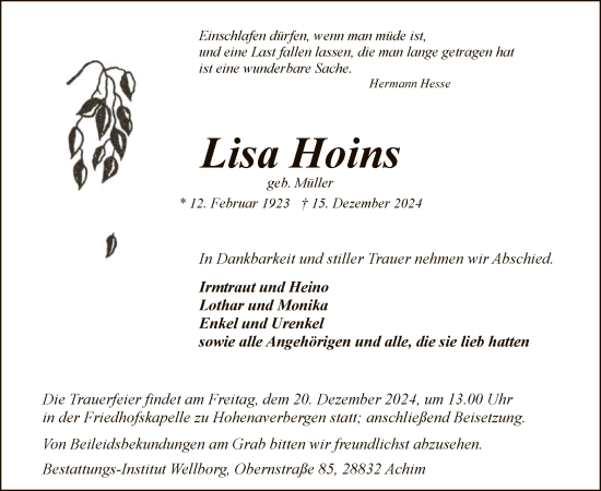 Traueranzeige von Lisa Hoins von SYK