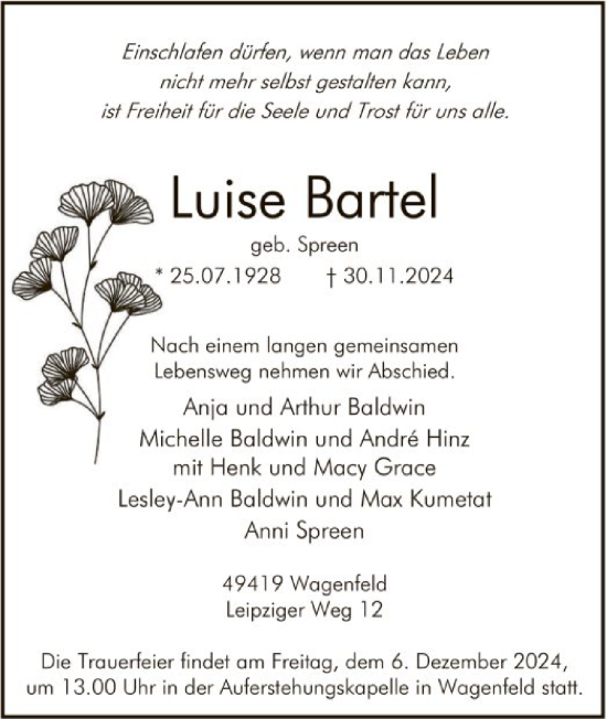 Traueranzeige von Luise Bartel von SYK