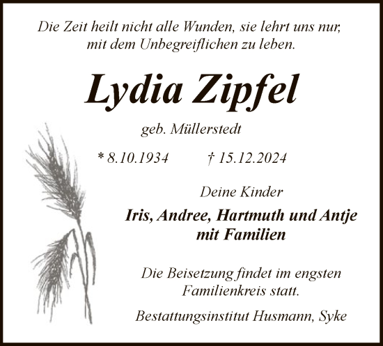 Traueranzeige von Lydia Zipfel von SYK