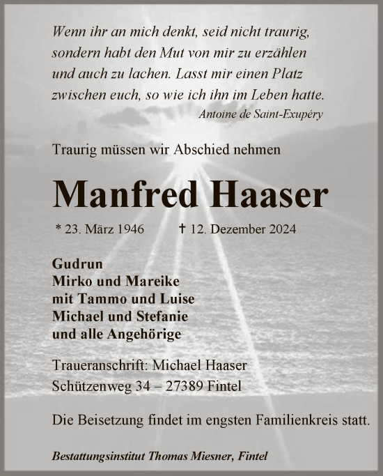 Traueranzeige von Manfred Haaser von SYK