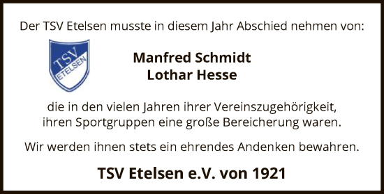 Traueranzeige von Manfred und Lothar Schmidt und Hesse von SYK