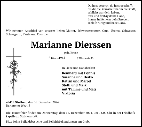 Traueranzeige von Marianne Dierssen von SYK