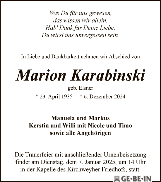 Traueranzeige von Marion Karabinskin von SYK