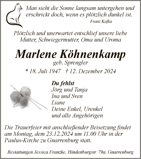 Traueranzeige von Marlene Köhnenkamp von SYK