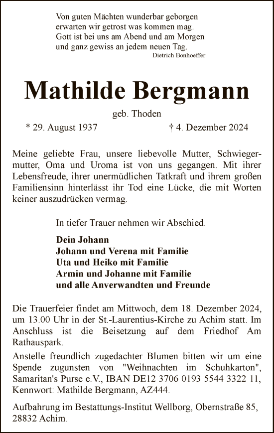 Traueranzeige von Mathilde Bergmann von SYK