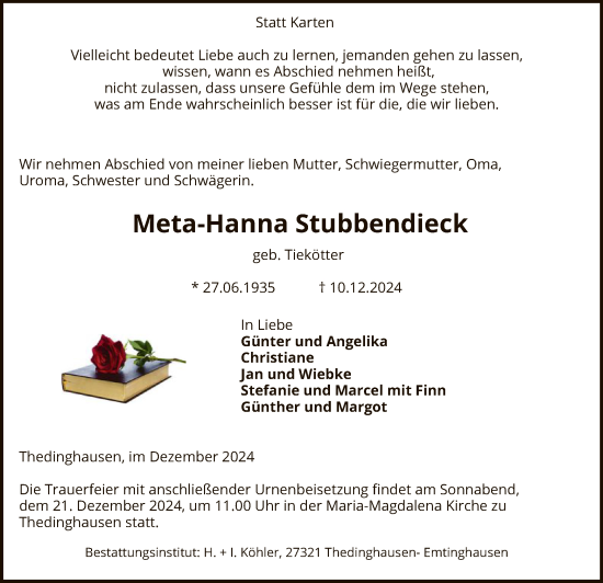 Traueranzeige von Meta-Hanna Stubbendieck von SYK