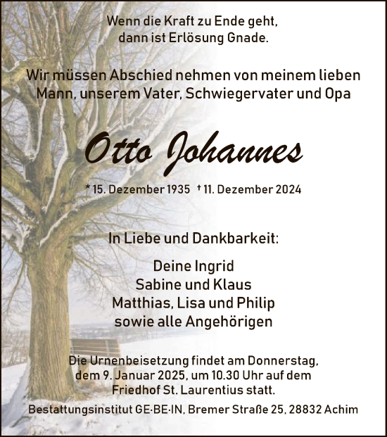 Traueranzeige von Otto Johannes von SYK