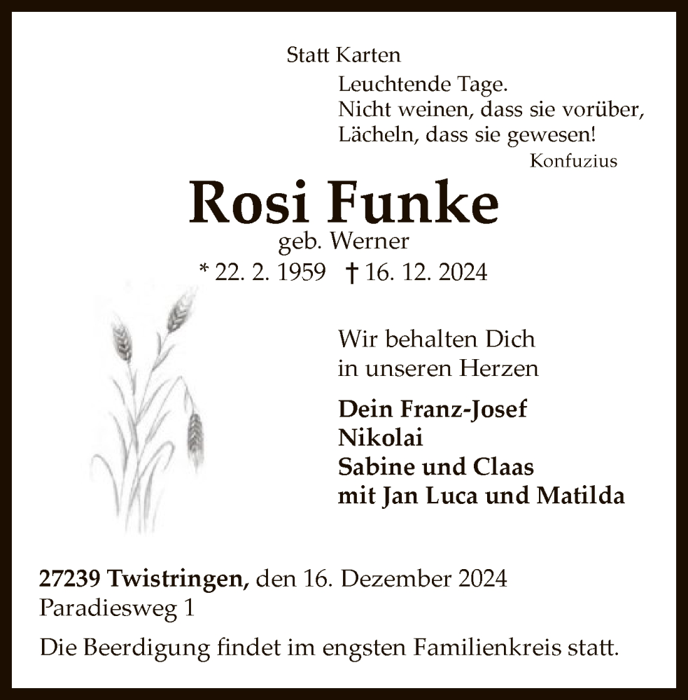  Traueranzeige für Rosi Funke vom 19.12.2024 aus SYK