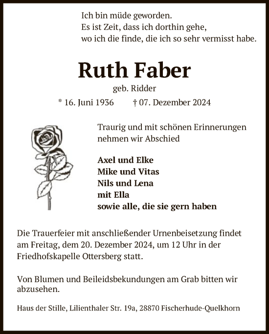 Traueranzeige von Ruth Faber von SYK