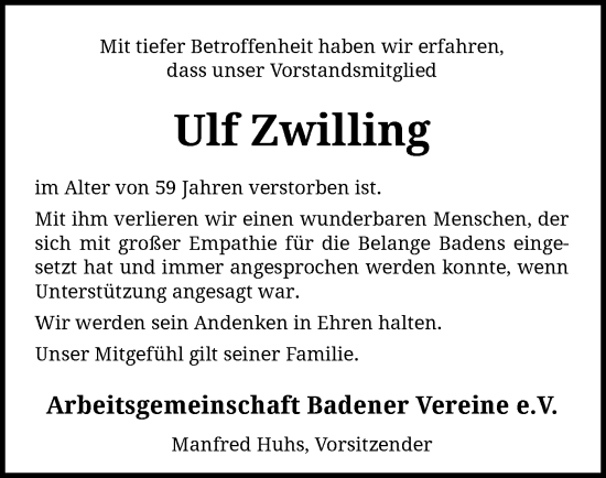 Traueranzeige von Ulf Zwilling von SYK