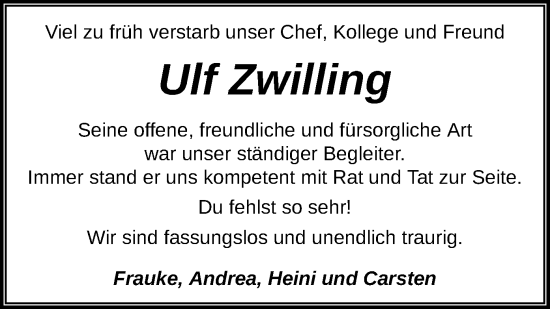 Traueranzeige von Ulf Zwilling von SYK