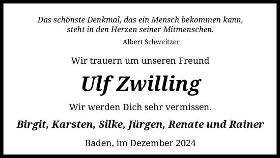 Traueranzeige von Ulf Zwilling von SYK