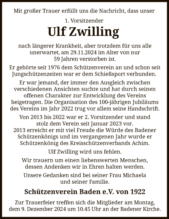 Traueranzeige von Ulf Zwilling von SYK