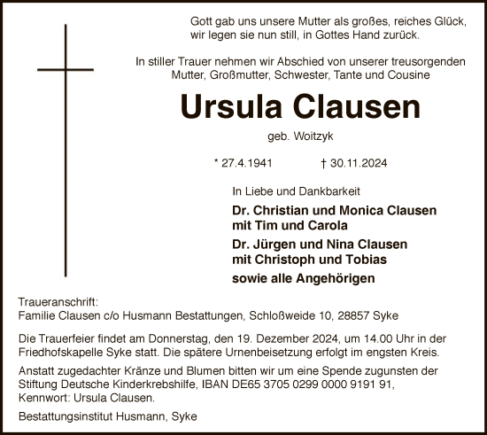 Traueranzeige von Ursula Clausen von SYK