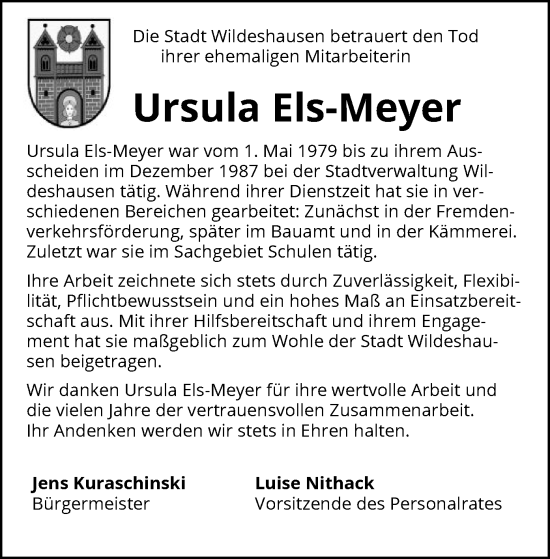 Traueranzeige von Ursula Els-Meyer von SYK